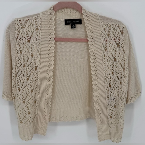Perceptions Open Style Beige Knit Crochet Blazer - Picture 1 of 8
